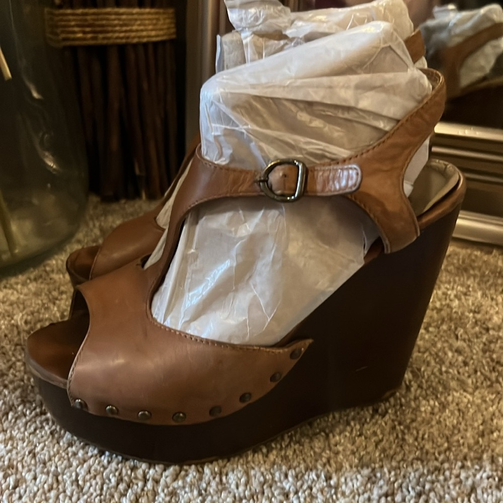Steve Madden brown wooden platform wedge sandals leather upper style Wachme 8.5 - Picture 6 of 14